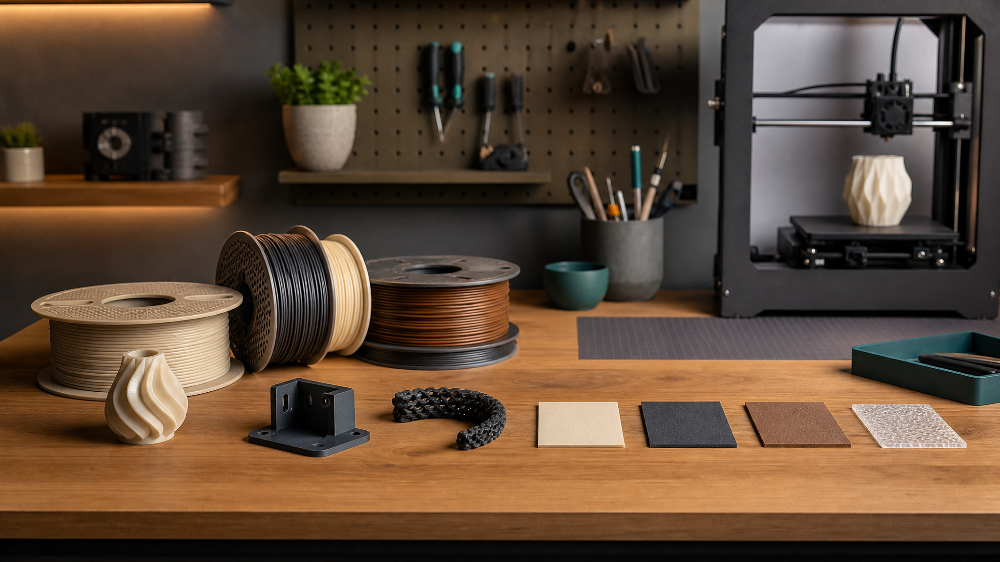 Maker desk setup with filament spools and sample 3D prints in various materials