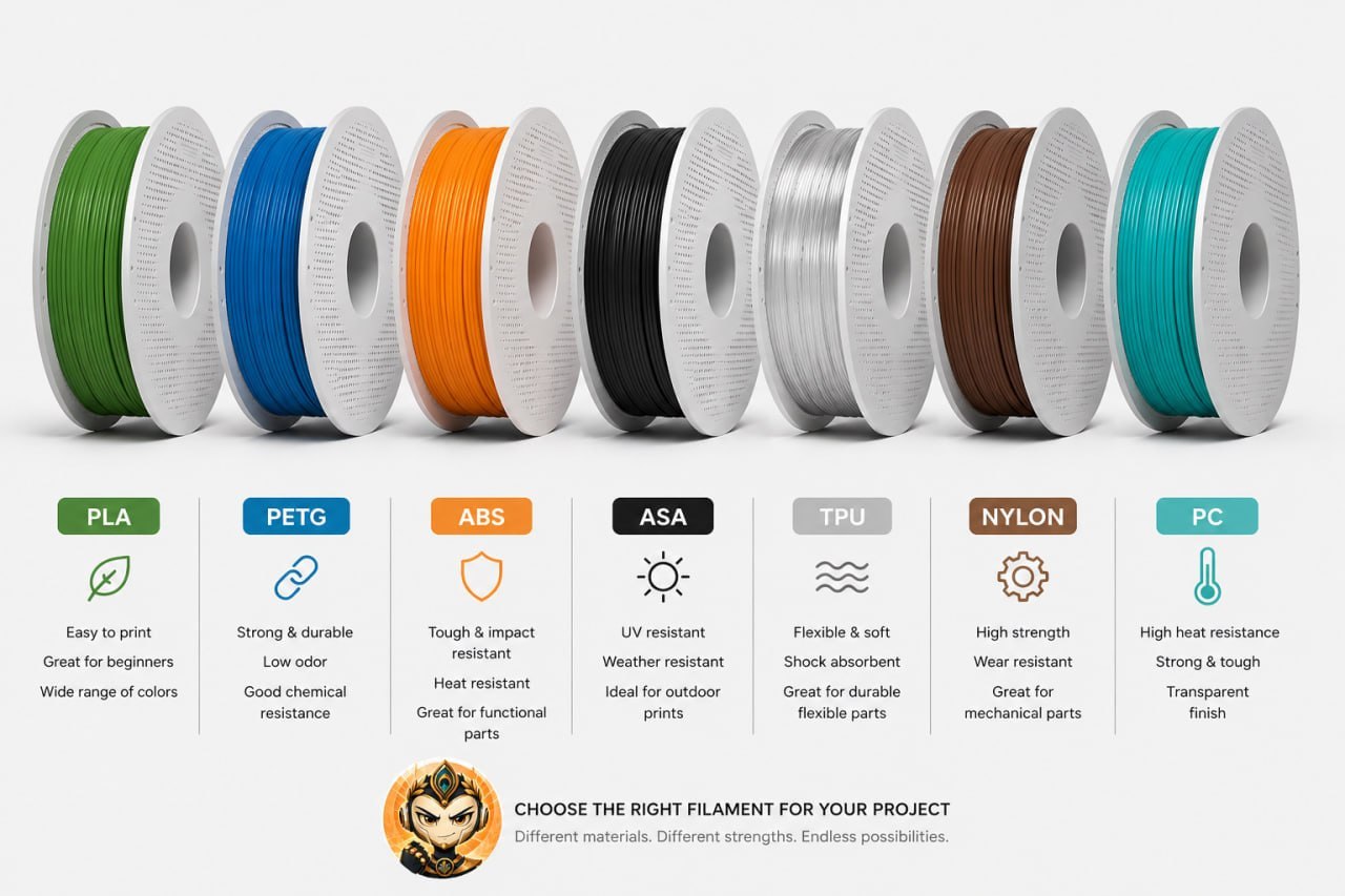 Side-by-side filament comparison showing PLA, PETG, ABS, ASA, TPU, Nylon, and PC spools with their core material strengths