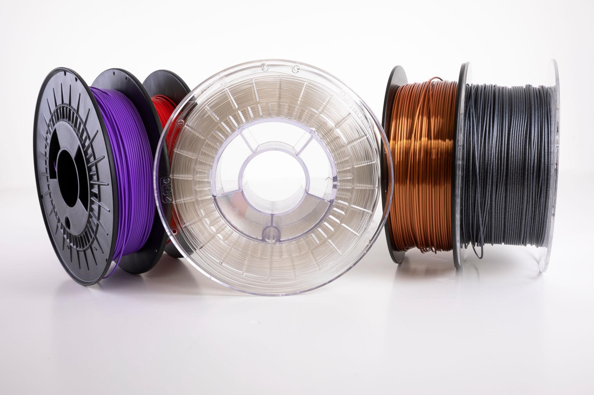Assorted 3D printer filament spools ready for material testing