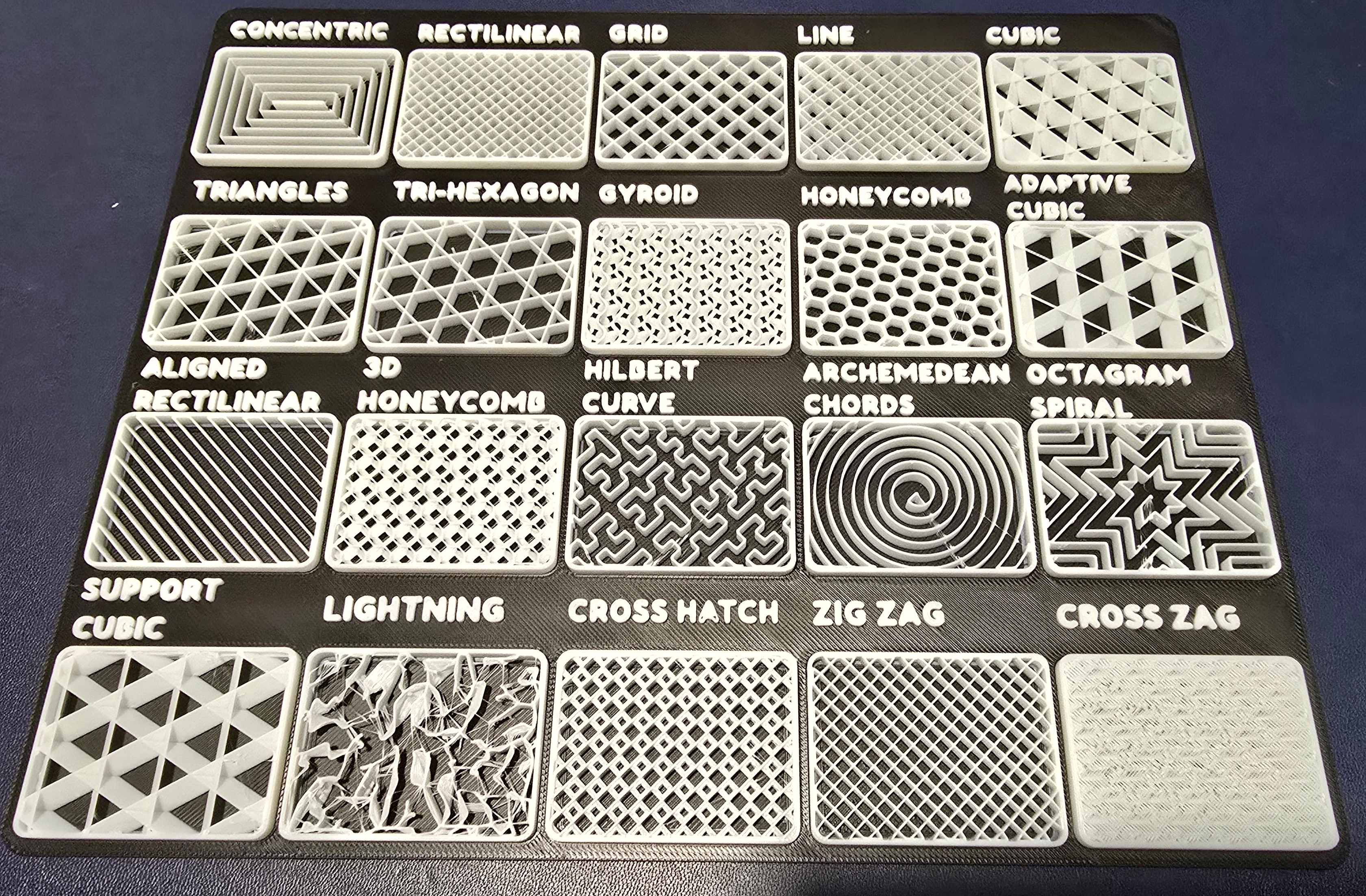 A single 3D-printed test panel with seven different infill patterns, each in its own tile. Fine stringing is visible across several of the open-cell patterns.