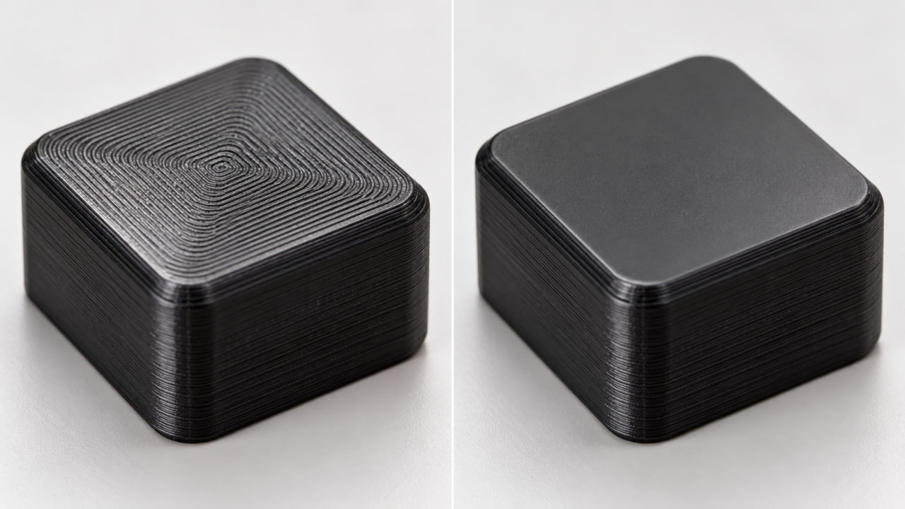 Side by side comparison of two identical 3D printed parts, one with a rough glossy top surface and one with a flat ironed finish