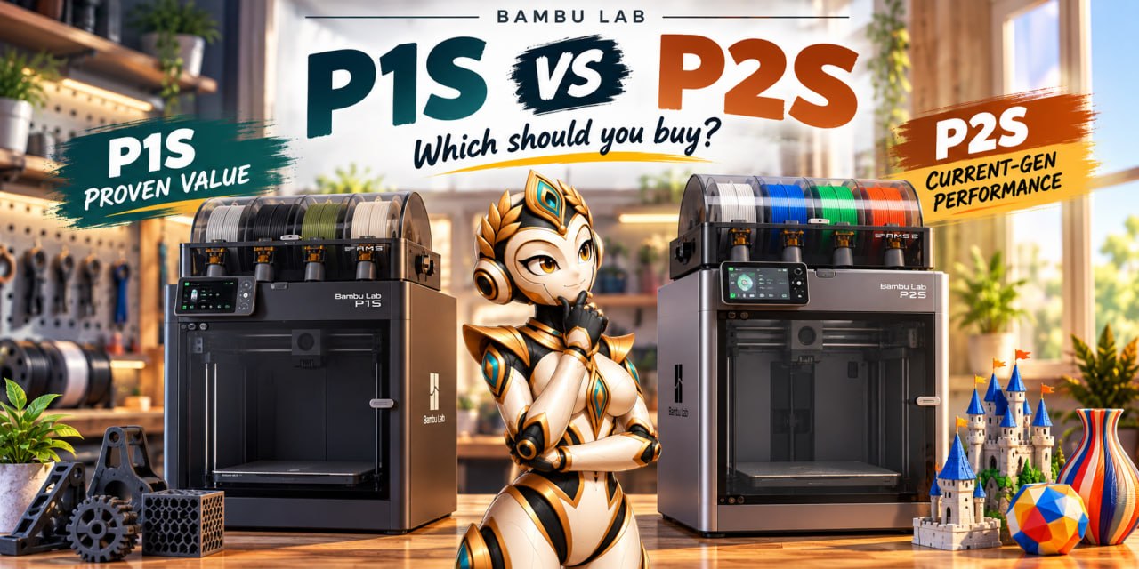 Bambu Lab P1S Combo and P2S Combo side by side, both enclosed multi-color printers